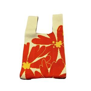 Womens Knitted Cream Orange Floral Double Strap Mini Handbag 13X7 Boho Hippie